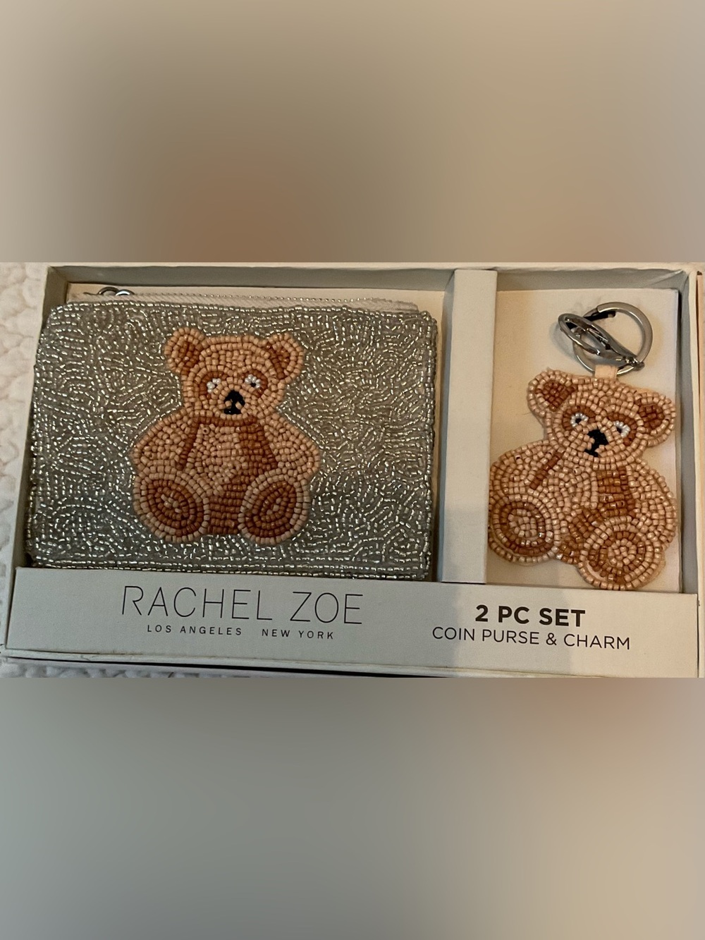 Rachel Zoe Silver Beaded Coin Purse with Tan Bear Charm Keychain